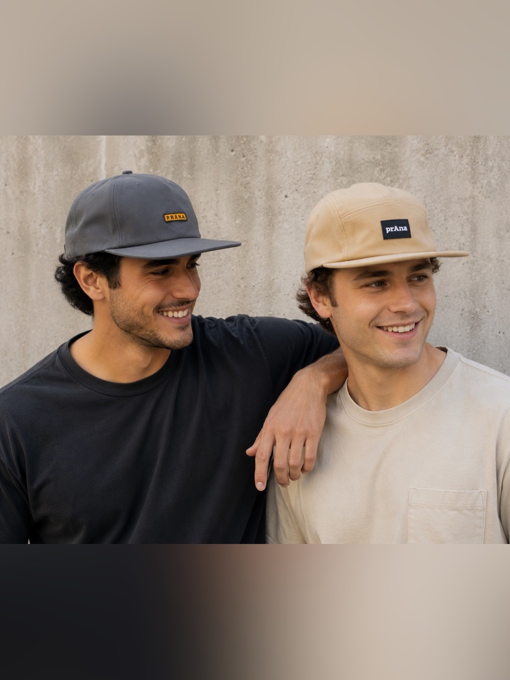 PRANA Bundle (2) hats in Gray and Tan! Flat brim One Adjustable & other Snapback